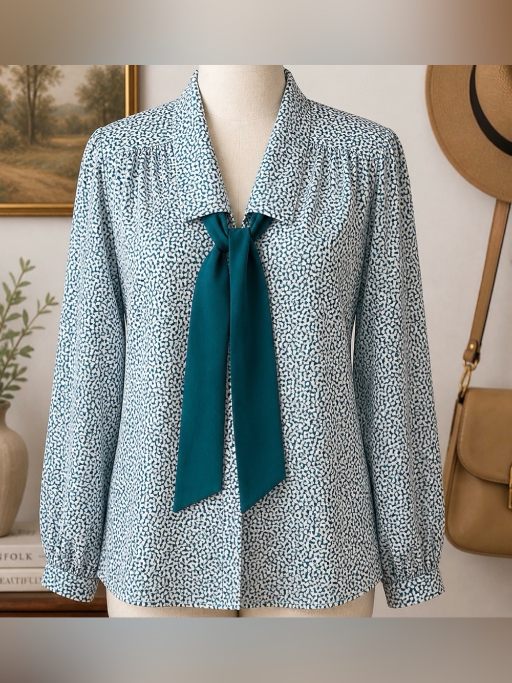 *Vintage 80’s- Teal Green and White Secretary Blouse - removable tie